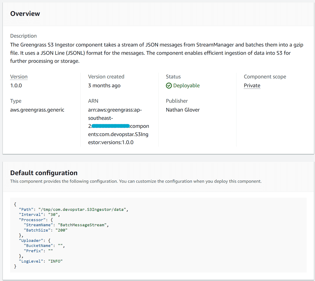 AWS IoT Greengrass console showing the S3 Ingestor component
