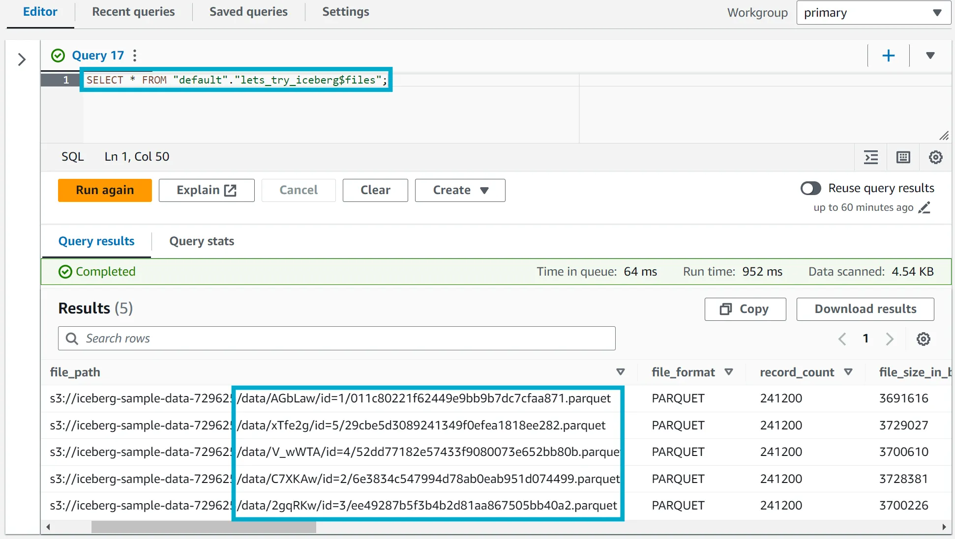 Athena query showing the number of data files for the iceberg table