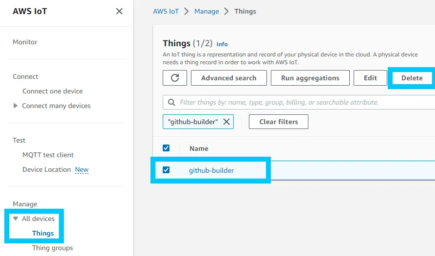 Delete github-builder IoT thing