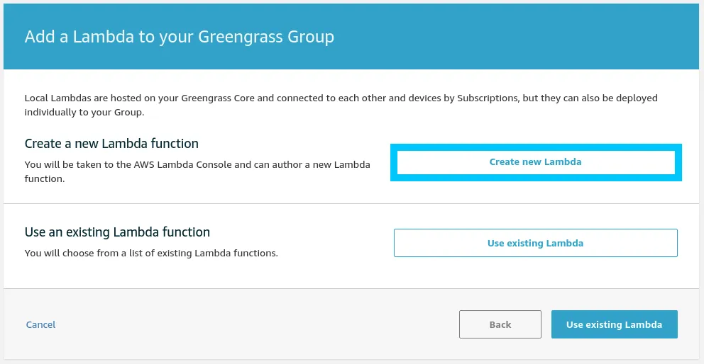 Create new Lambda select from Greengrass console