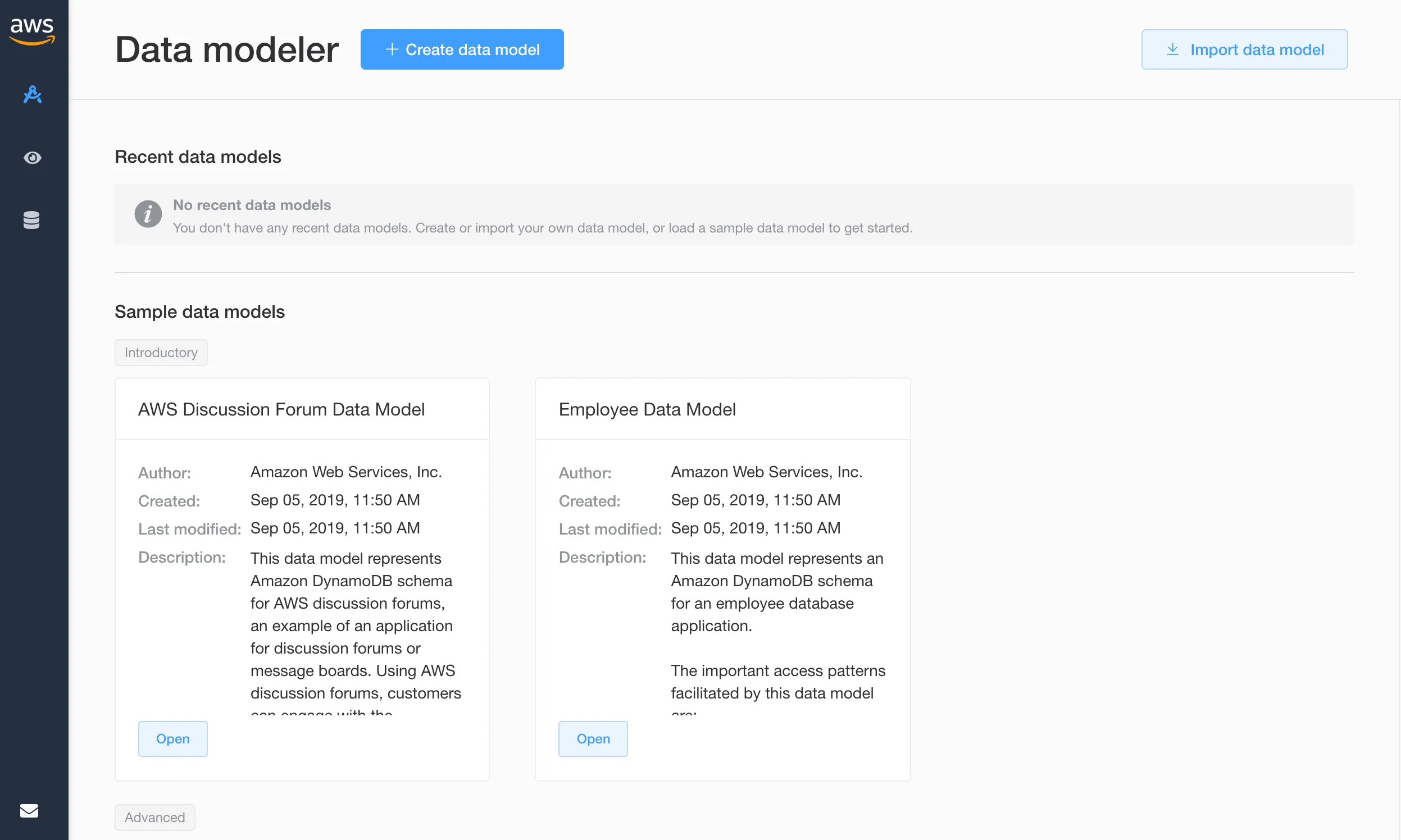 NoSQL Workbench main interface