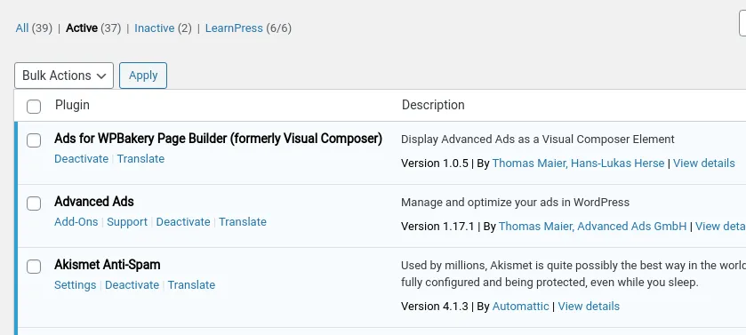WordPress plugin list
