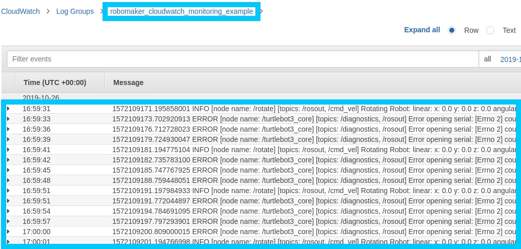 RoboMaker Deployment CloudWatch logs
