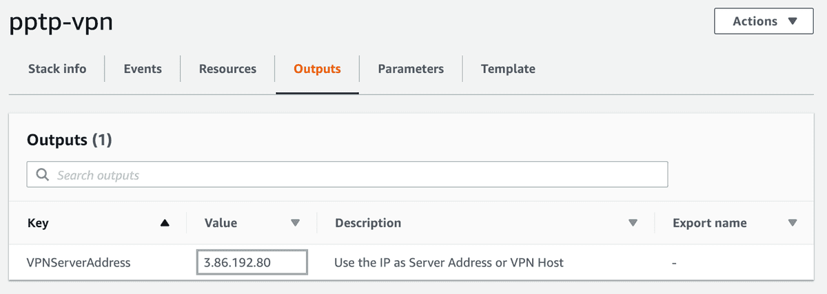 PPTP Server CloudFormation outputs