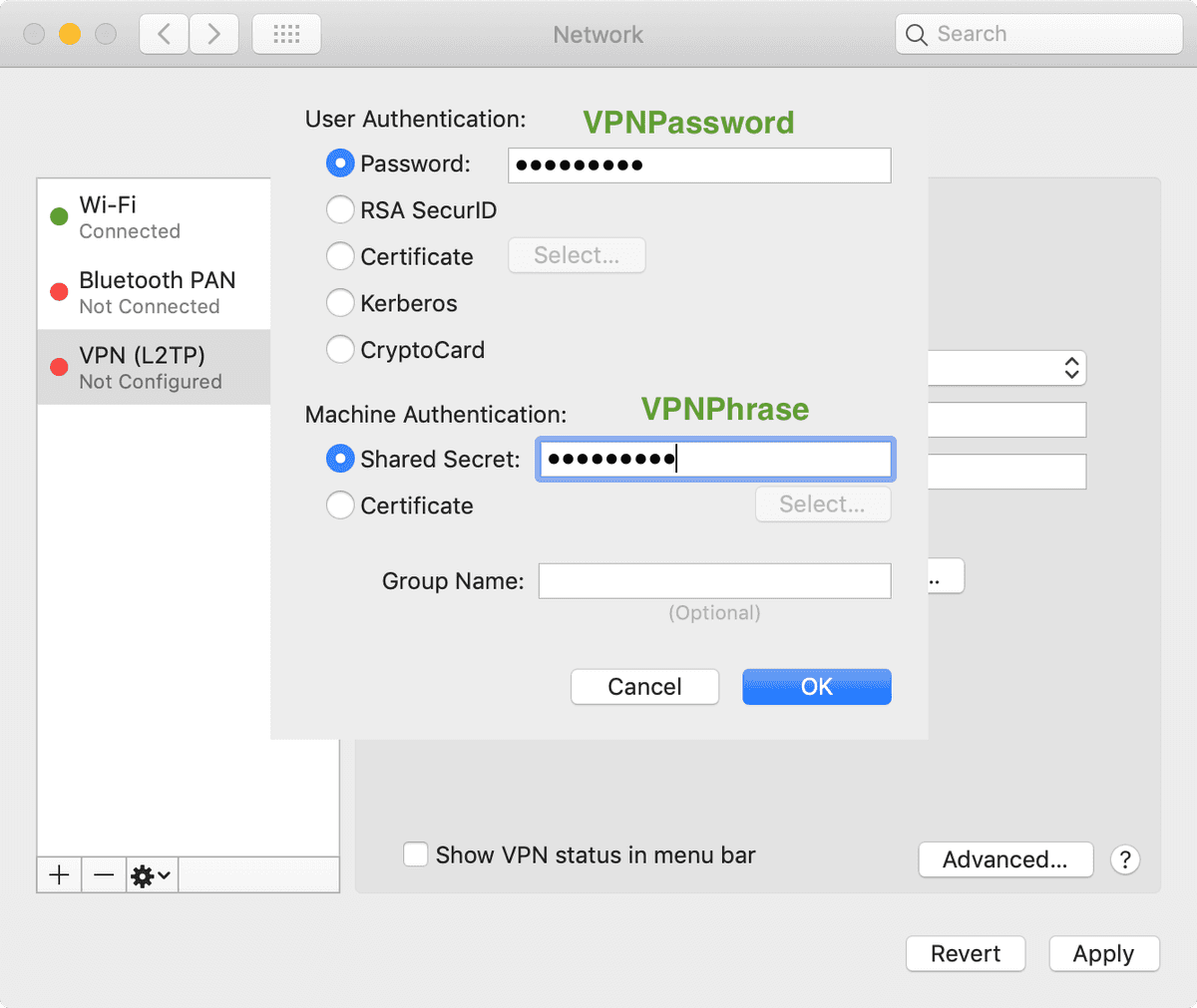 VPN Interface configuration vpn passphrases