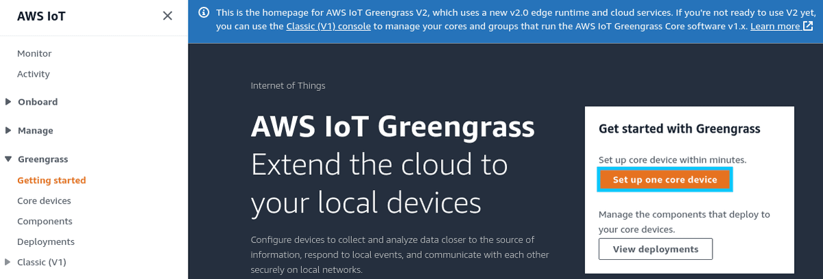 AWS IoT Greengrass V2 console