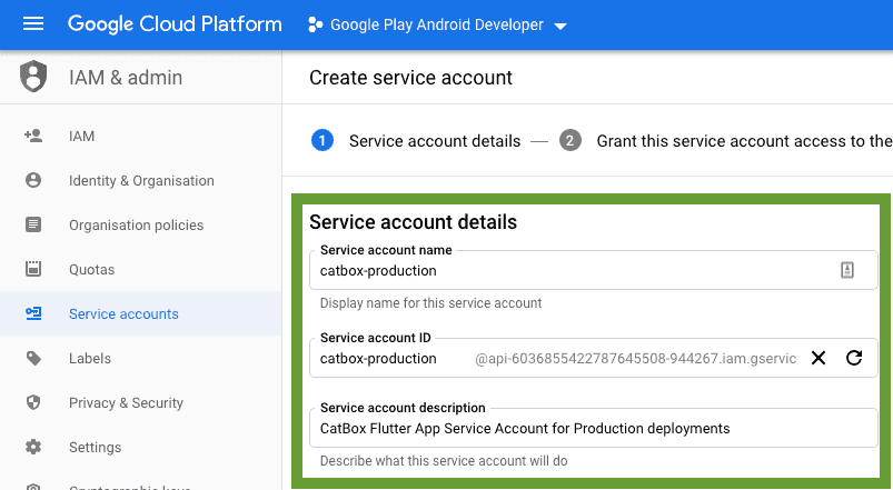 Google Cloud service account details