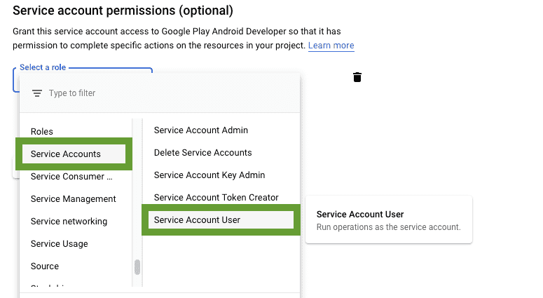 Google Cloud service account user menu