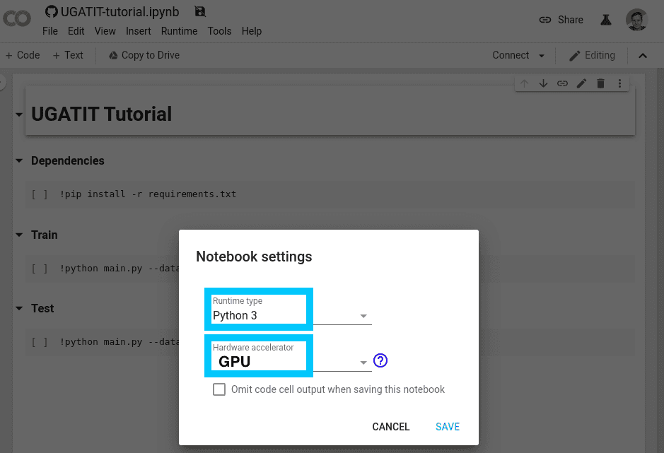 Colab Change notebook settings
