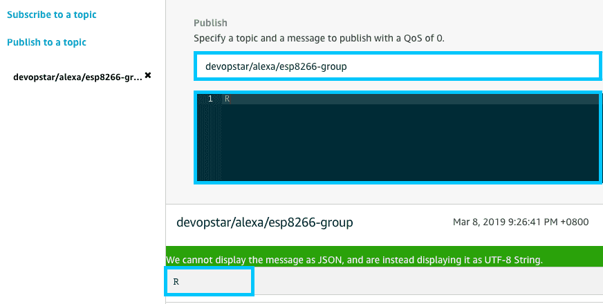 Publishing 'R' to devlopstar/alexa/esp8266-group topic