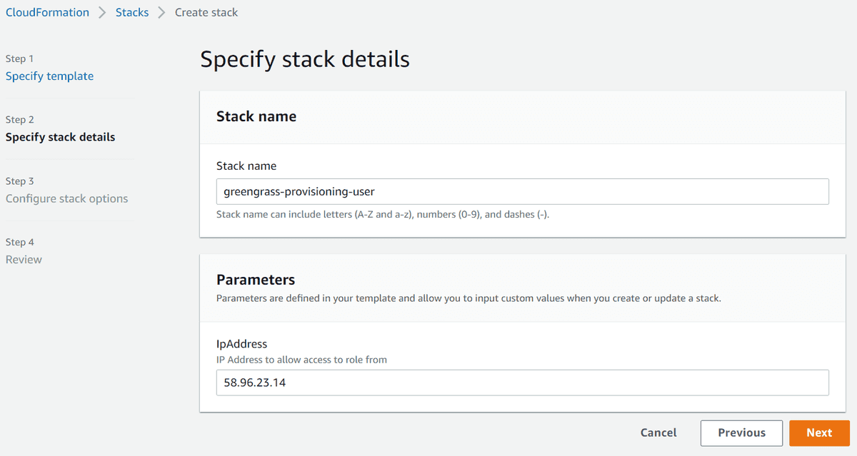 Greengrass Provisioning User CloudFormation template parameters