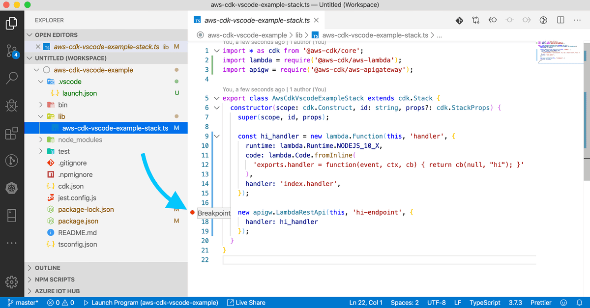 VSCode debugging CDK setting breakpoint