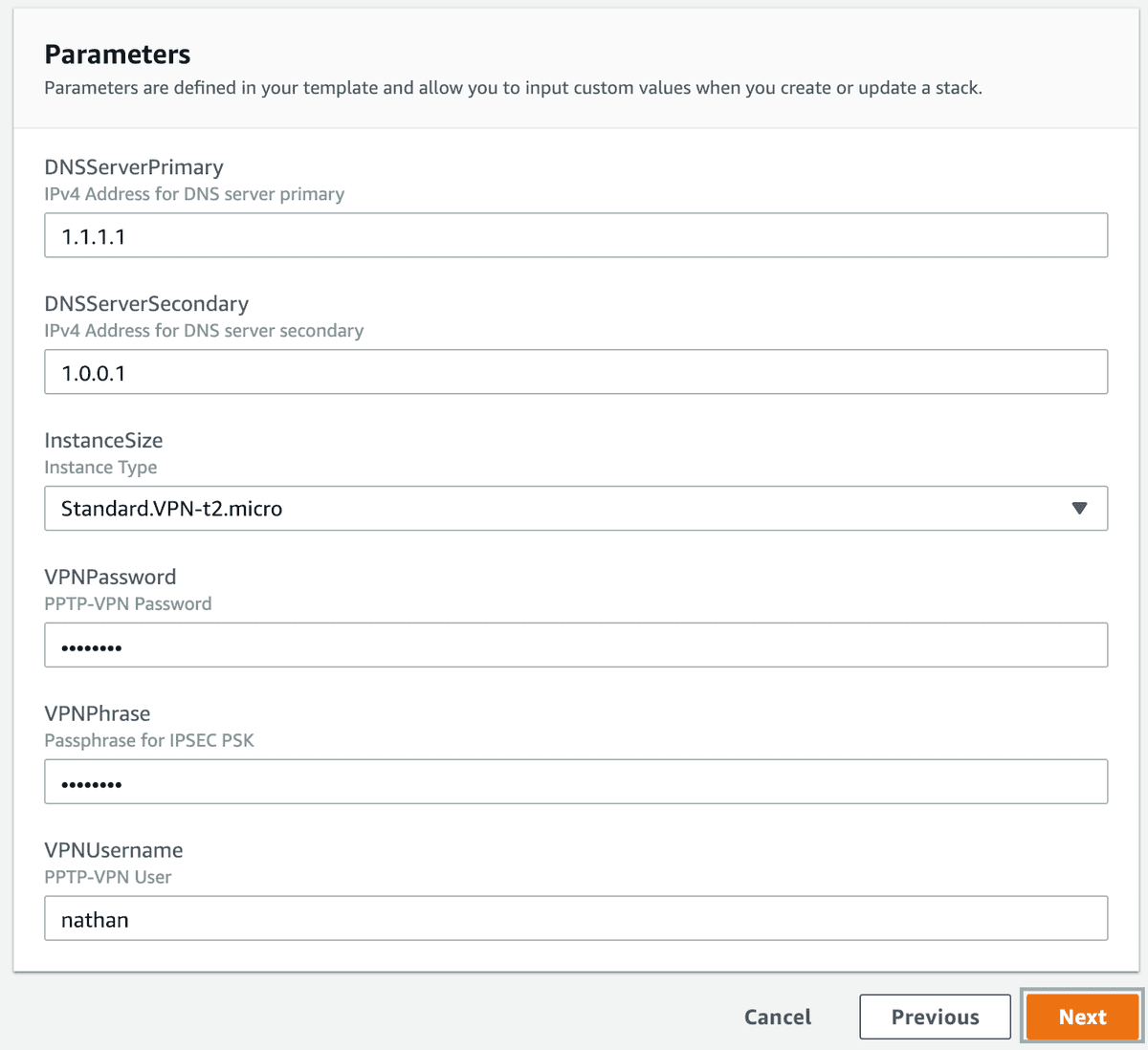 PPTP Server CloudFormation parameters