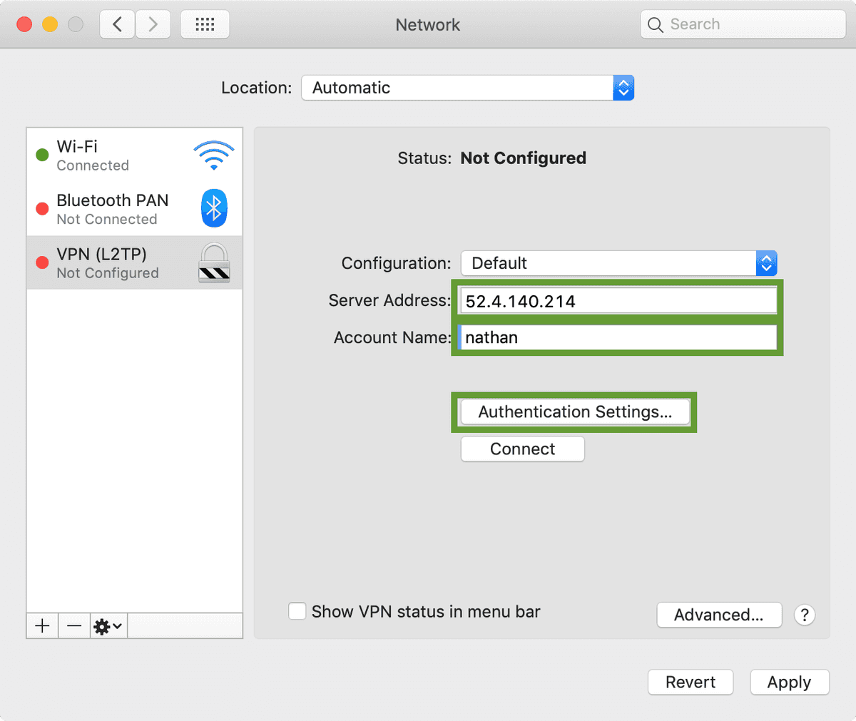 VPN Interface configuration server details