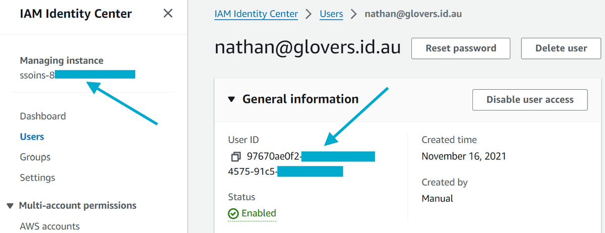 AWS IAM Identity Center user details