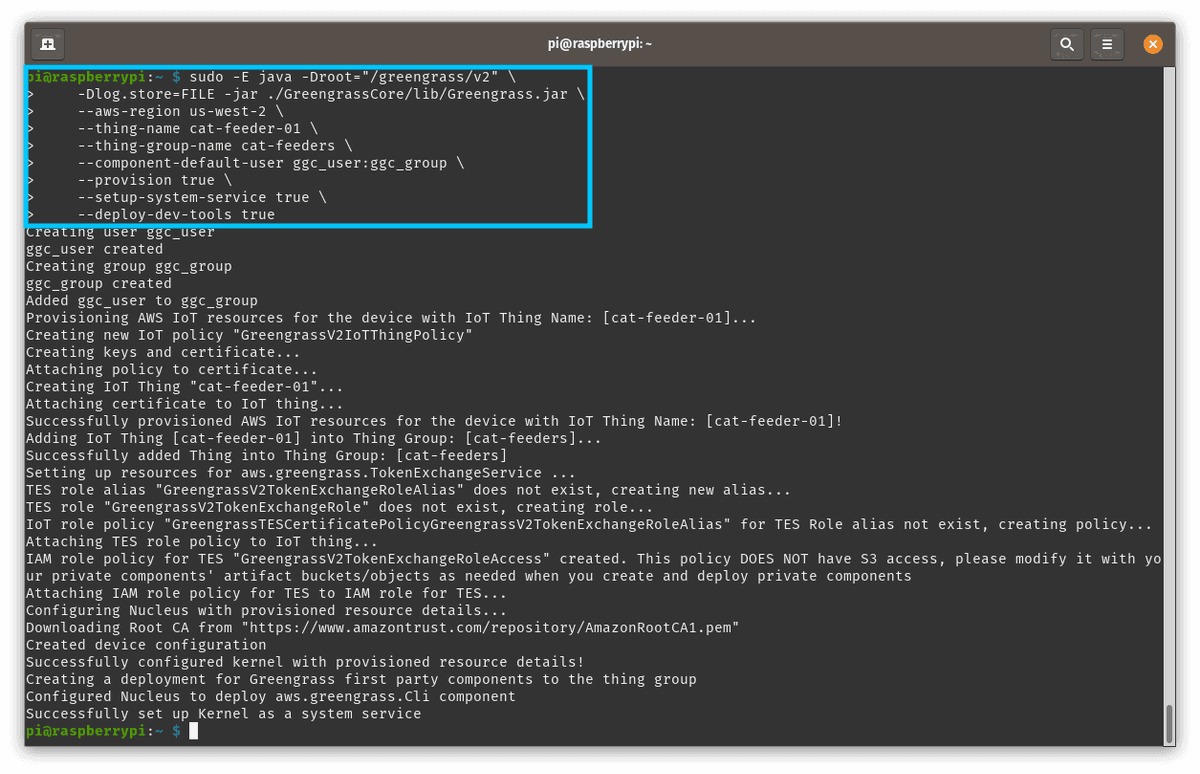 AWS IoT Greengrass V2 Deployment command output