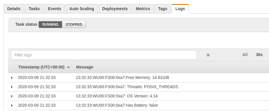 CDK COVID-19 Fargate service logs