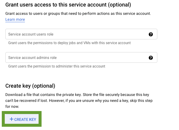 Google Cloud service account create key