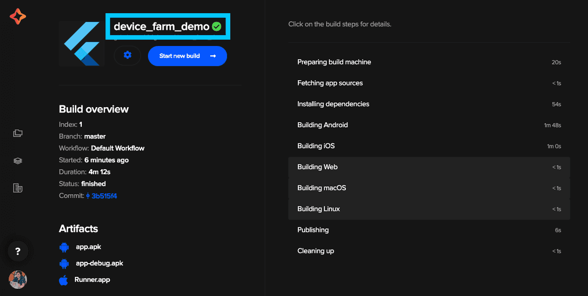 Codemagic Sample build task complete