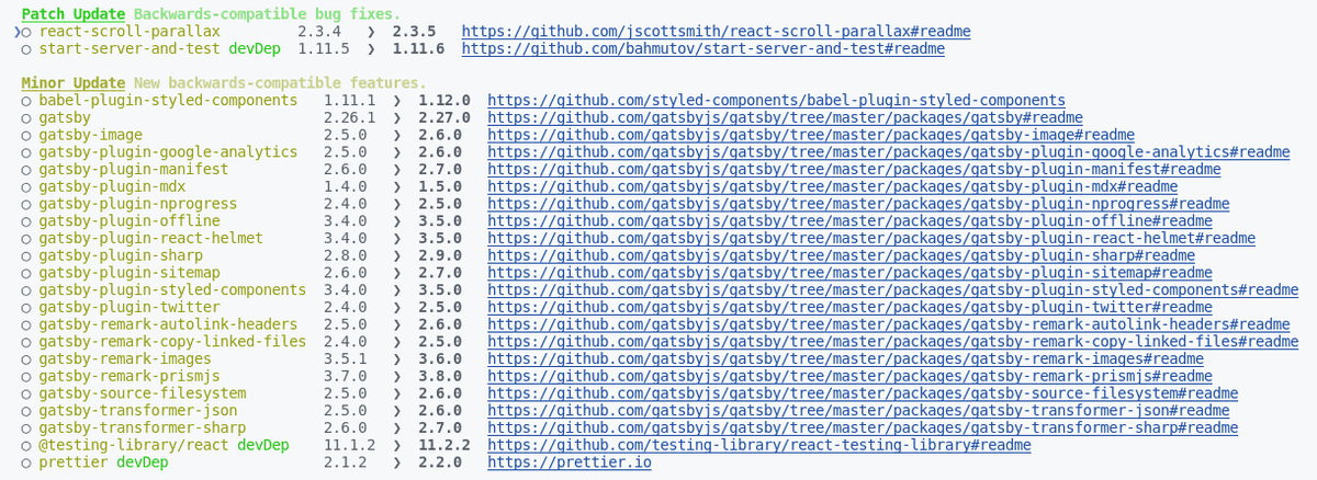 npm-check Example list of packages that have updates