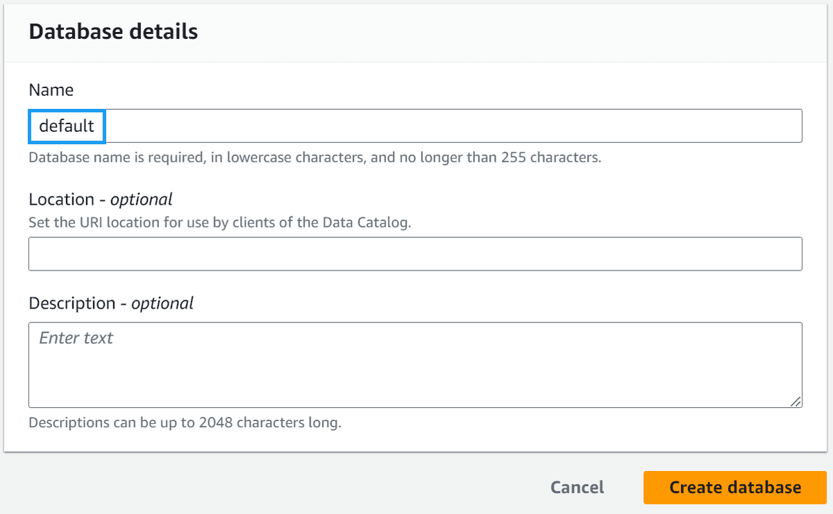 Create the default Glue database