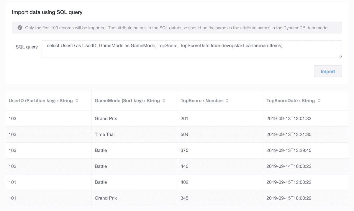 NoSQL Workbench SQL data import