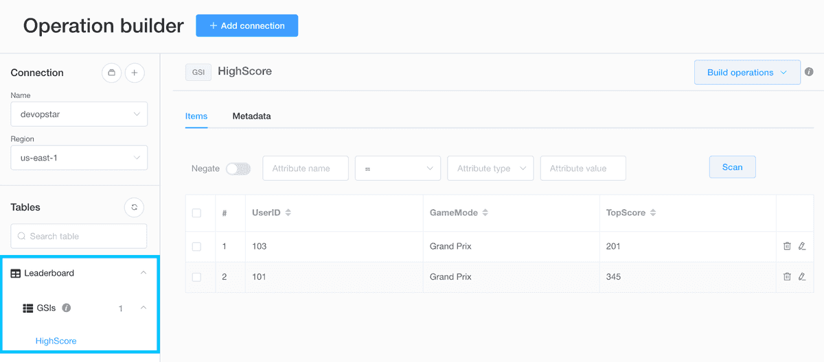 NoSQL Workbench GSI data view