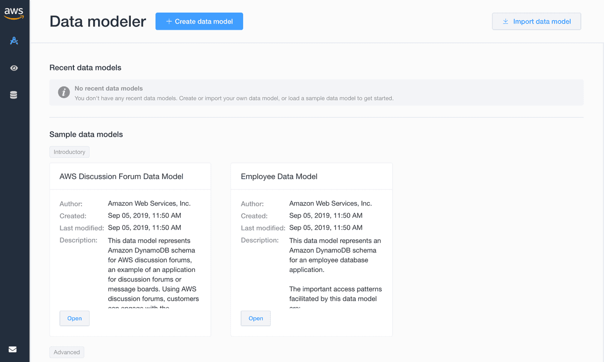 NoSQL Workbench main interface