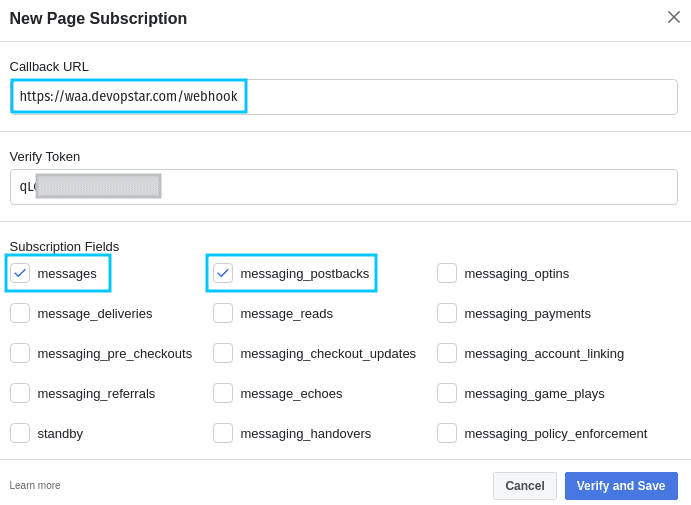 Facebook Webhook subscription fields