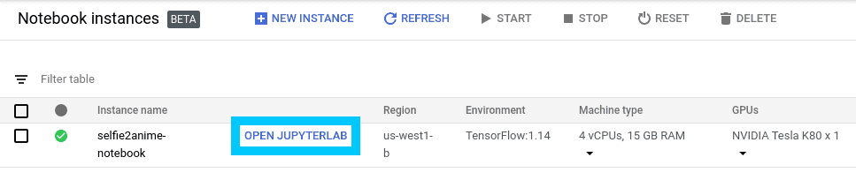 Google AI Platform Notebook Open Jupyter Lab