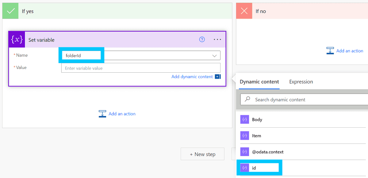 Set folderId variable to id from Parse Folder Exist Check JSON