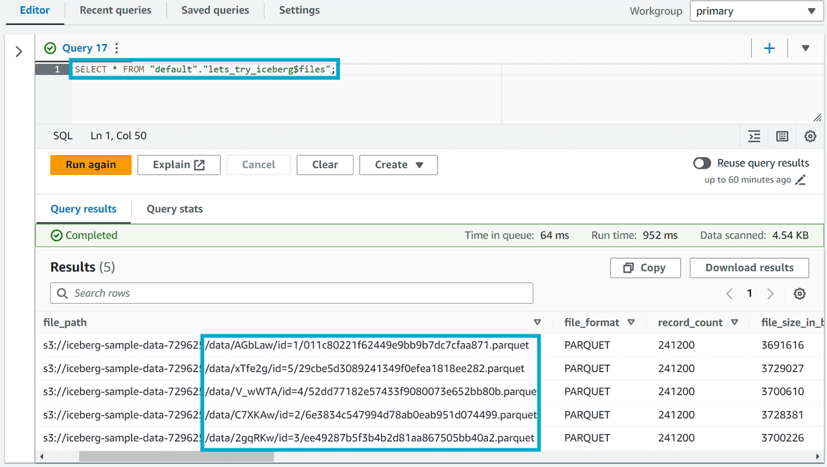 Athena query showing the number of data files for the iceberg table