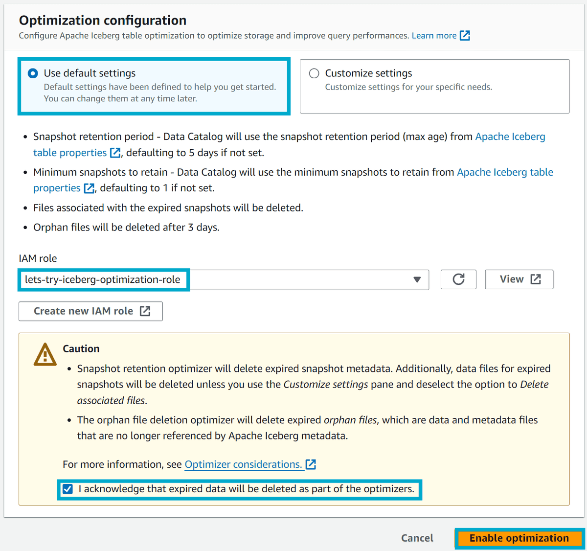 Select optimization role and enable