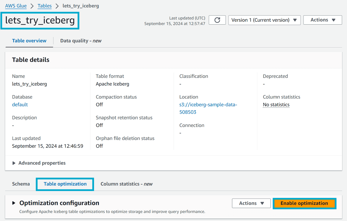 Enable optimization on the Iceberg table