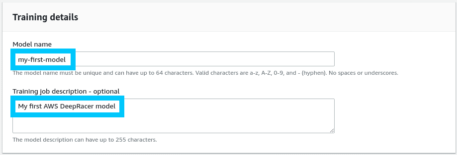 AWS DeepRacer name and describe model