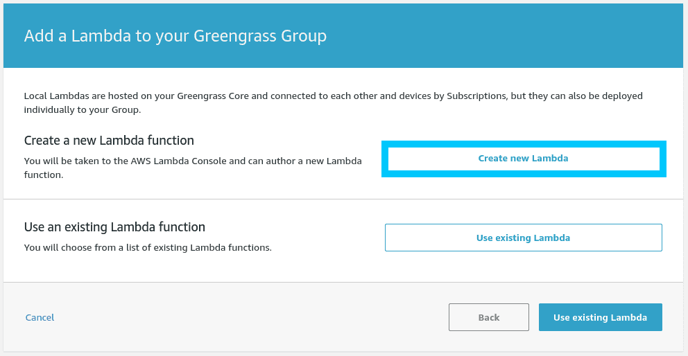 Create new Lambda select from Greengrass console