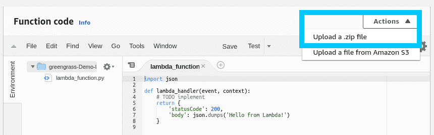 Lambda upload a zip file