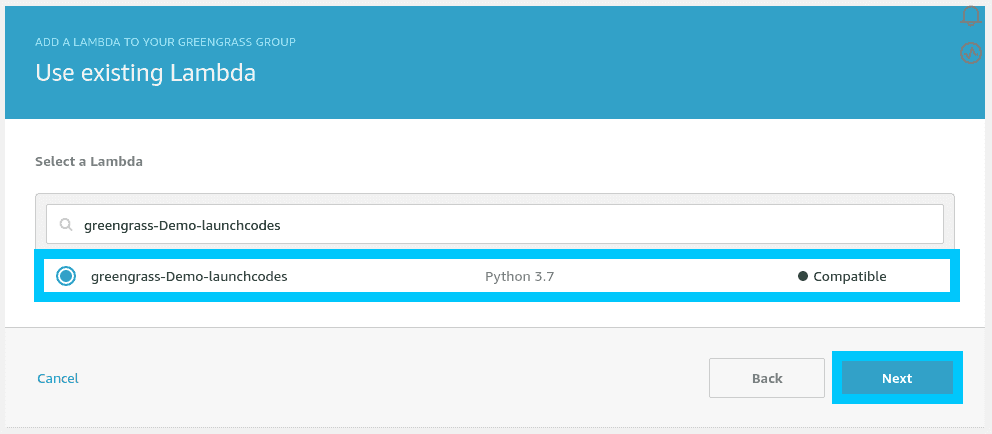 AWS IoT Greengrass select existing lambda