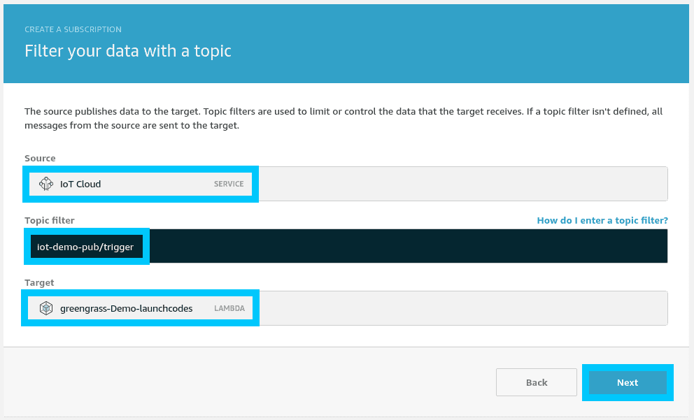 Greengrass subscription source and target for lambda function execution