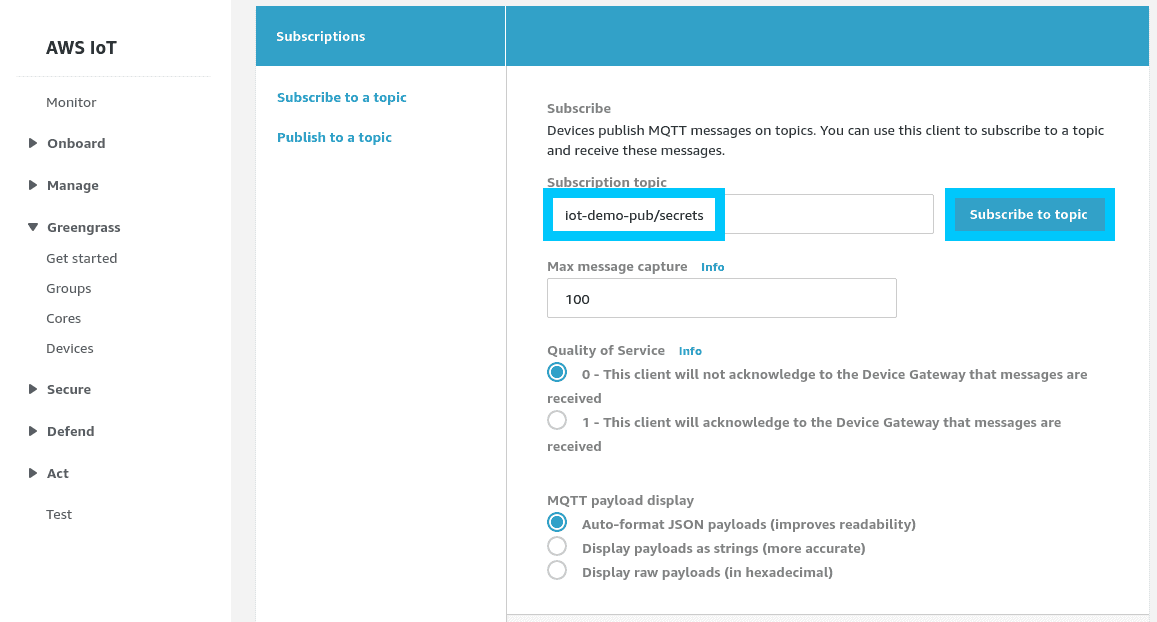 AWS IoT Core Test menu