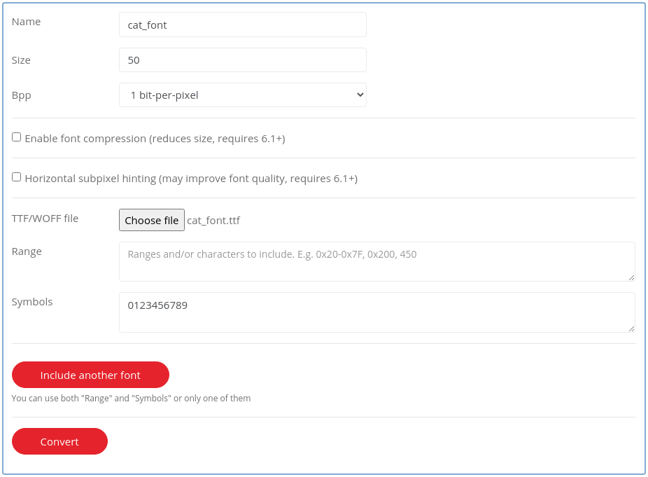 LVGL fontconverter settings