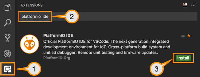 PlatformIO IDE extension install (taken from platformio.org)