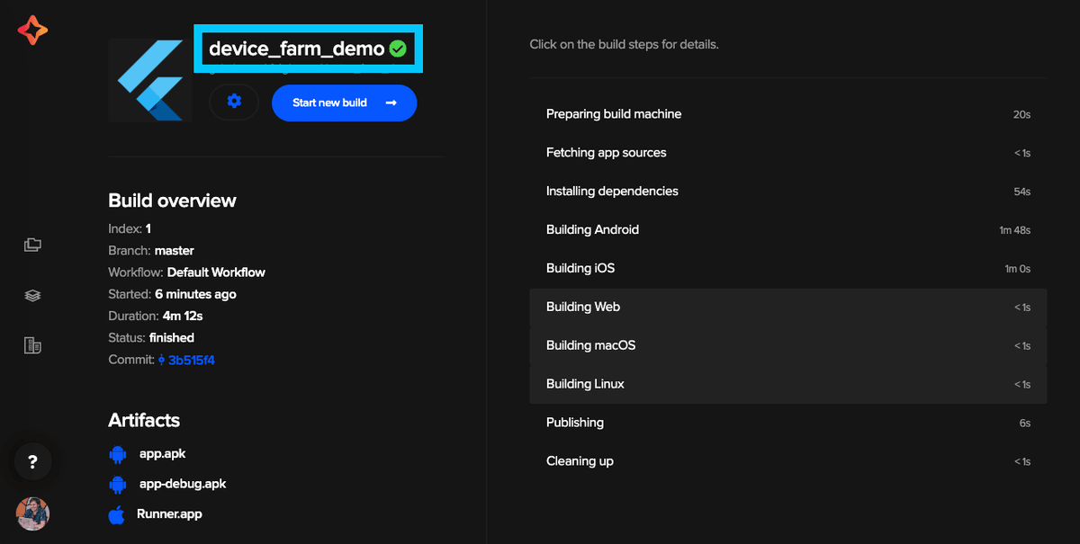 Codemagic Sample build task complete
