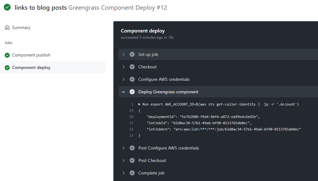 GitHub action Greengrass component deploy output