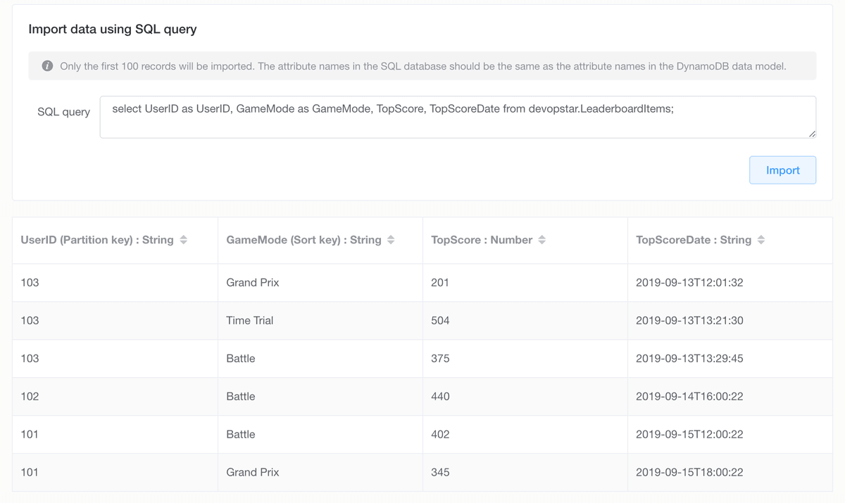 NoSQL Workbench SQL data import