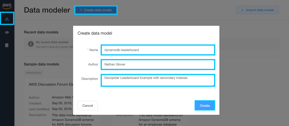 NoSQL Workbench create model