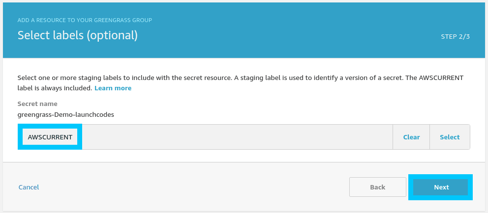 Select labels for Greengrass secret
