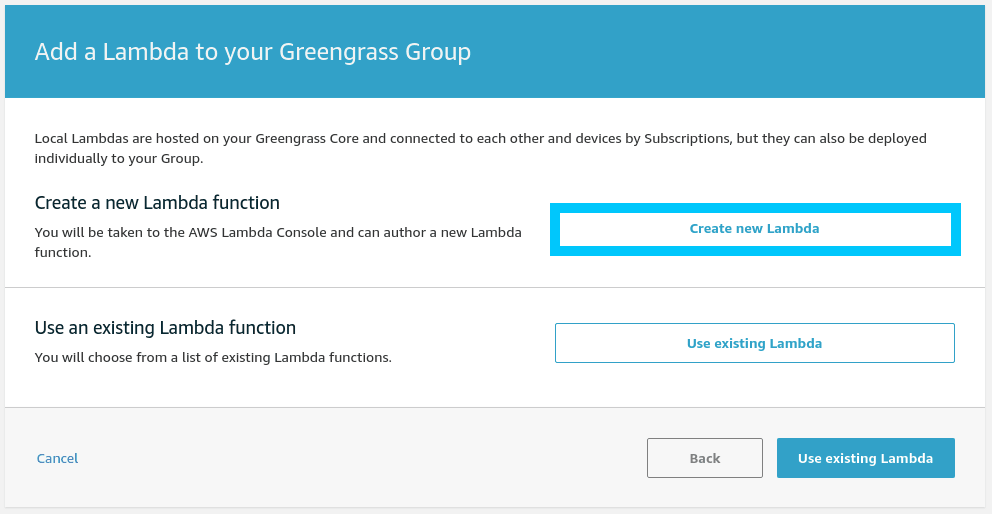 Create new Lambda select from Greengrass console