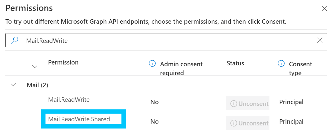 Permission consent for shared mailbox