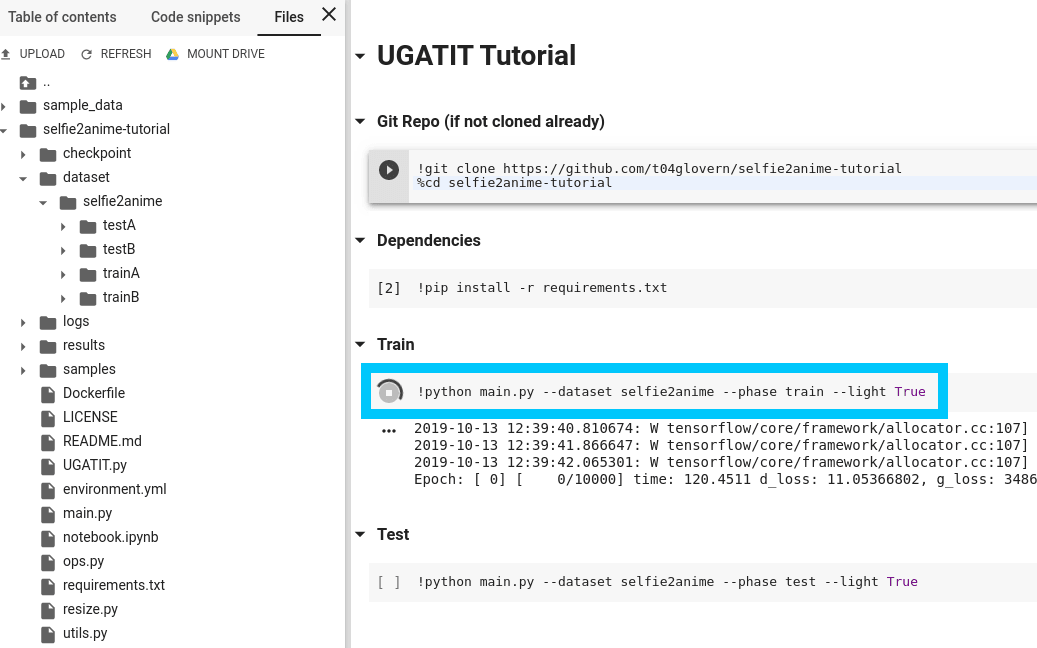 Google Colab training example
